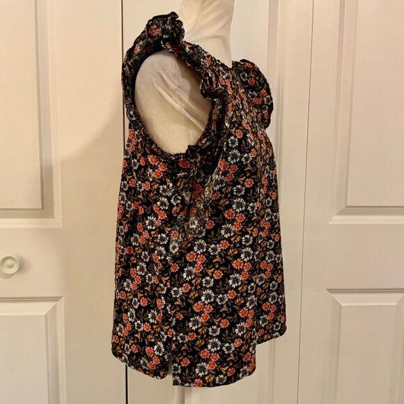 Loft Black Pink Floral Ruffle Trim Cotton Top Small - Picture 7 of 10